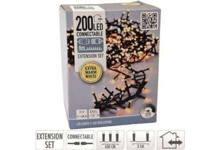 Koppelbare clusterverlichting 200 LEDS 6m extra warm wit