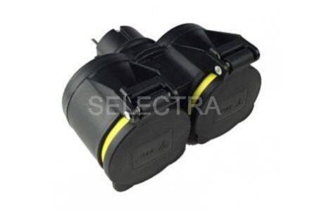 verdeelstekker spatwaterdicht 2 voudig ip44 3500w 16a 230v zwart randaarde
